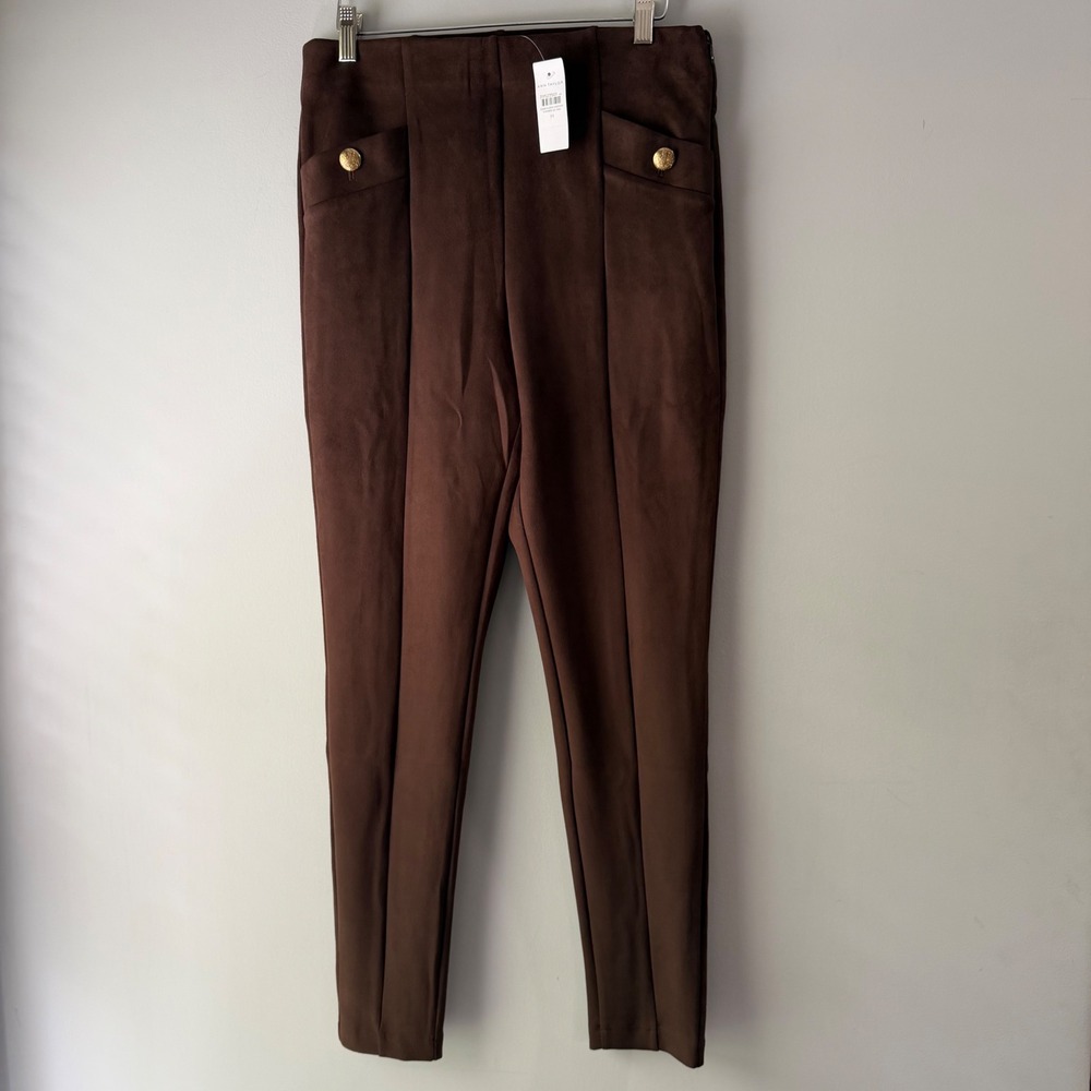 Ann Taylor Faux Suede Leggings Womens Medium Brown‎ NEW Gold Crest Button Pants